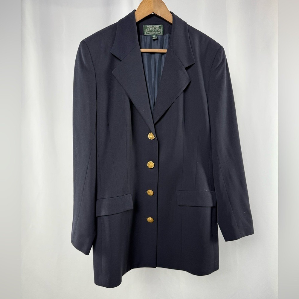 Vintage Ralph Lauren‎ Country Gold Button Blazer in Navy Blue Size 12